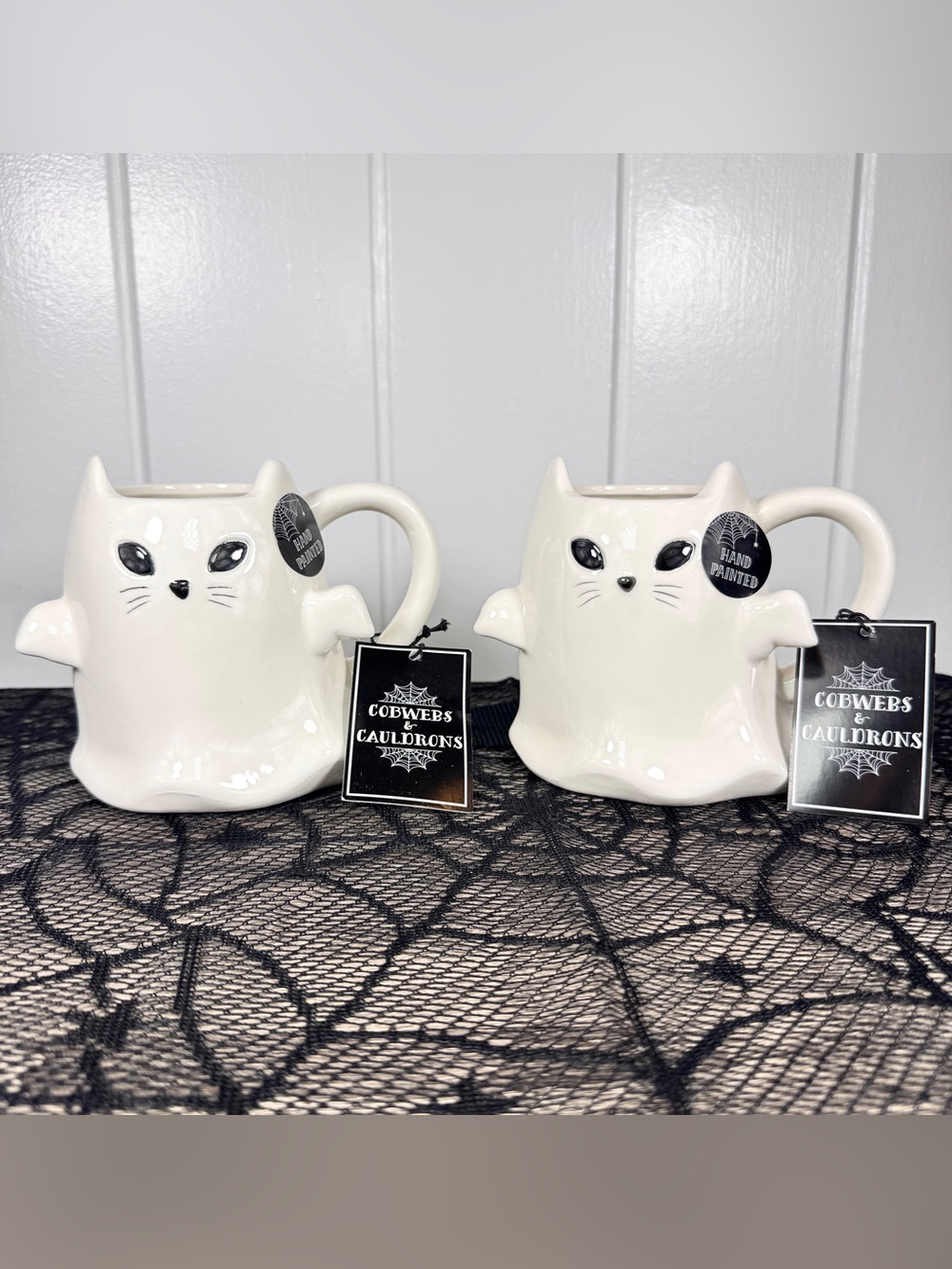 NEW Cobwebs & Cauldrons Ghost Cat Halloween Mugs